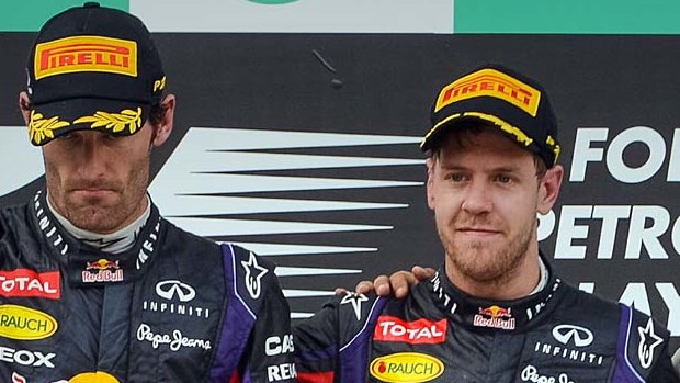 No mood to celebrate: Sebastian Vettel, right, and Mark Webber.