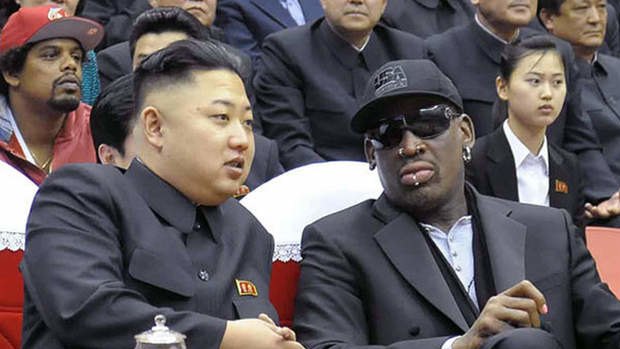 Odd couple ... North Korean leader Kim Jong-Un  and former NBA star Dennis Rodman.