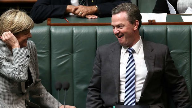 Guess who I just met? Foreign Affairs Minister Julie Bishop and Leader of the House Christopher Pyne in discussion at the start of question time on Wednesday. Photo: Alex Ellinghausen