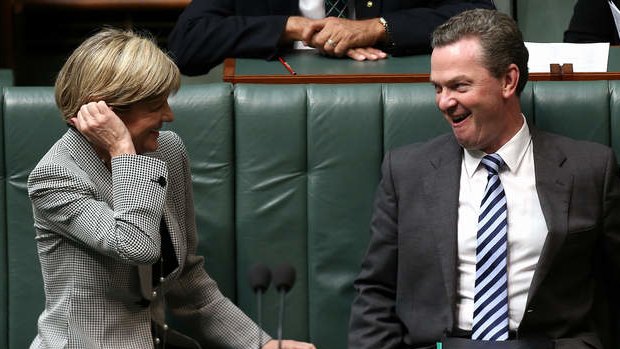 Guess who I just met? Foreign Affairs Minister Julie Bishop and Leader of the House Christopher Pyne in discussion at the start of question time on Wednesday. Photo: Alex Ellinghausen