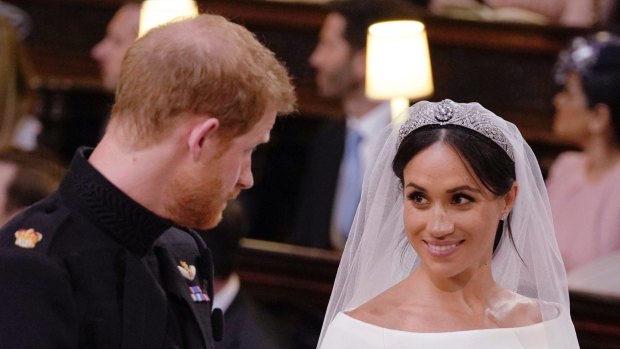 Prince Harry and Meghan Markle during their wedding service at St. George's Chapel in Windsor Castle. 