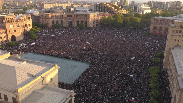 Demonstrators gather in the Republic Square celebrating Armenian Prime Minister's Serzh Sargsyan's resignation in Yerevan on Monday.