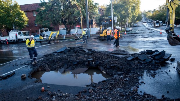 Burst water main on the corner of Arden and Abbotsford Streets in North Melbourne.