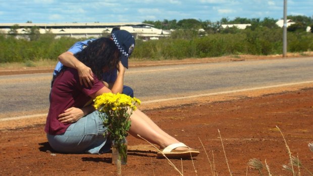 “The waves of grief come at me every day,” says Ingrid Bishop, pictured at the location where her son Josh’s body was found. 
“Some days it’s like a 40-metre tsunami and some days it’s a ripple.” 