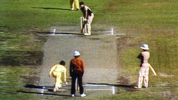 Trevor Chappell sends down his infamous underarm delivery to Brian McKechnie.