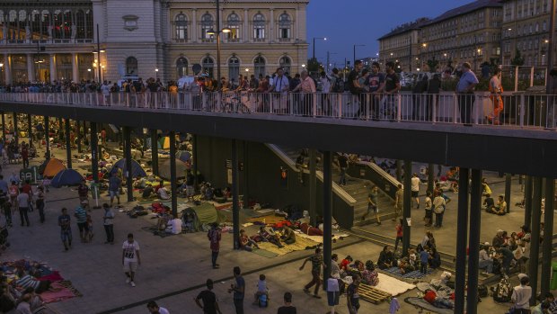 Syrian refugees camped out at Keleti station, Budapest, in 2015.  