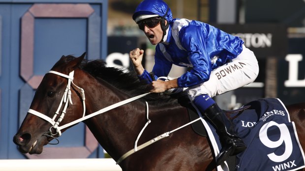 The only constant: Hugh Bowman and Winx cross the line in the Queen Elizabeth Stakes.