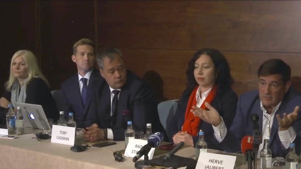 Herve Jaubert, right a former  French spy, speaks during a press conference with Radha Stirling, the founder and CEO of Detained in Dubai, second right and others, at the Conrad Hotel in London.