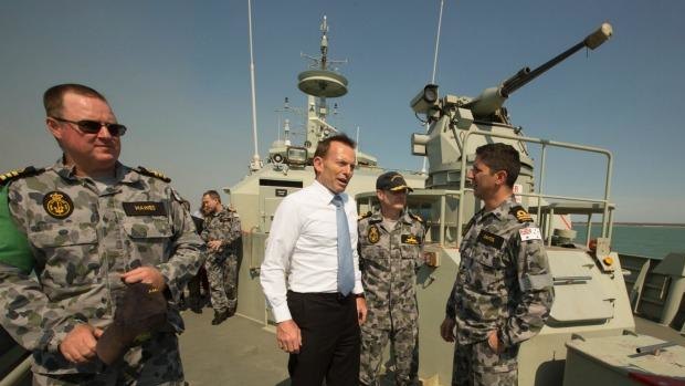 Then-Opposition Leader Tony Abbott on board the HMAS Bundaberg in 2012.