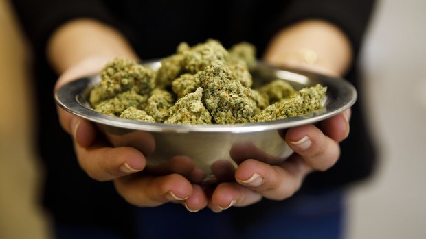 A bowl of marijuana is displayed at the MedMen dispensary in West Hollywood, California.