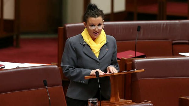 PUP Senator Jacqui Lambie during the debate on the Carbon Tax Repeal Bill. Photo: Alex Ellinghausen