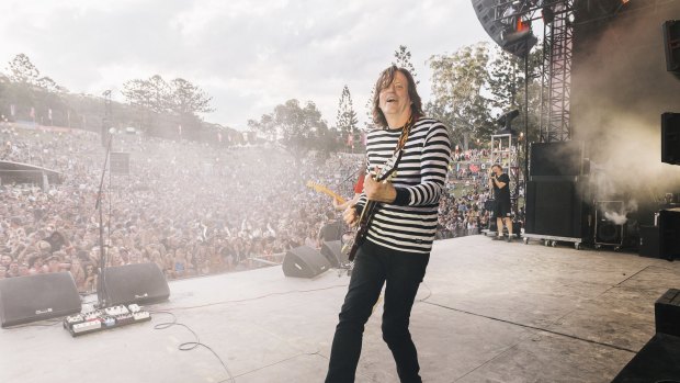 Red Wiggle Murray Cook on stage with DZ Deathrays at Splendour in the Grass.