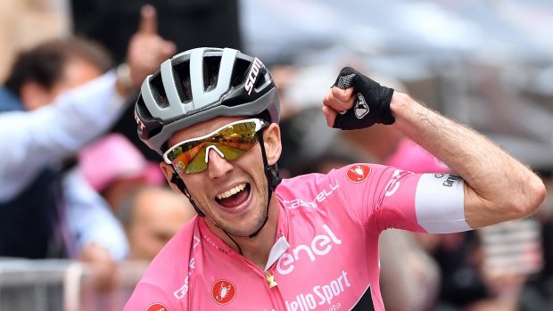 Simon Yates celebrates his stage 11 victory in the Giro.