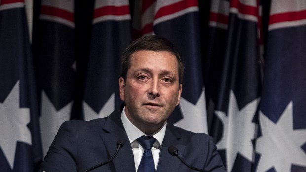 Matthew Guy addresses the Liberal Party's state council in April.