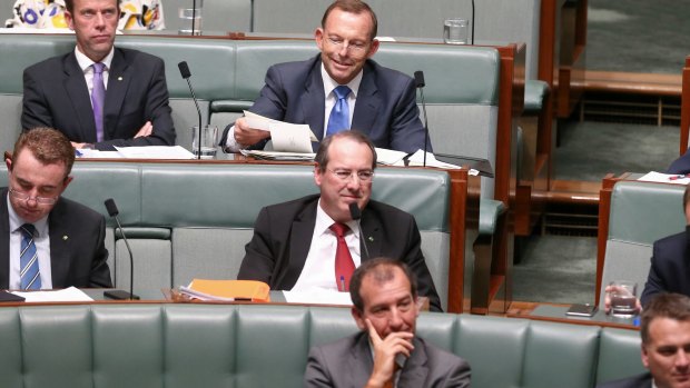 Former prime minister Tony Abbott and Special Minister of State Mal Brough during  question time on Thursday.