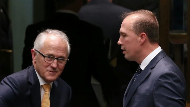 Prime Minister Malcolm Turnbull and Immigration Minister Peter Dutton leave question time on Thursday.