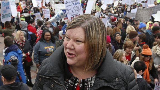 Alicia Priest, president of the Oklahoma Education Association, answers a question following a teacher rally at the state Capitol in Oklahoma City on Monday.