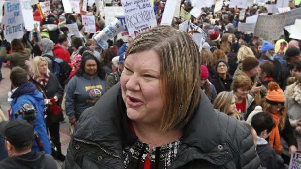 Alicia Priest, president of the Oklahoma Education Association, answers a question following a teacher rally at the state Capitol in Oklahoma City on Monday.