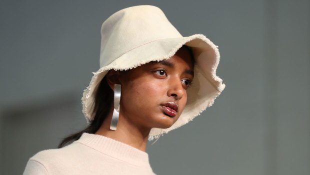 A model wears a bucket hat during the Lee Mathews show at Mercedes-Benz Fashion Week Australia.