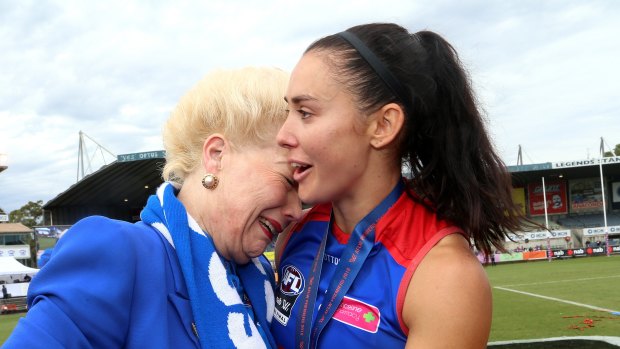 Former Bulldogs Vice President Susan Alberti celebrates with Nicole Callinan of the Bulldogs after the AFLW grand final match in March.