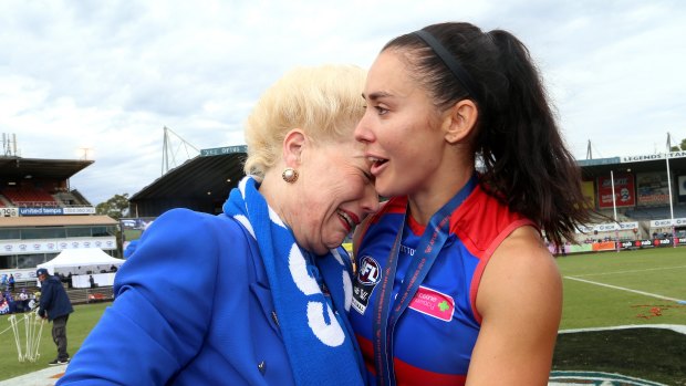 Former Bulldogs Vice President Susan Alberti celebrates with Nicole Callinan of the Bulldogs after the AFLW grand final match in March.