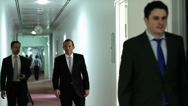 Opposition Leader Tony Abbott visits the press gallery after his press conference at Parliament House on Sunday.