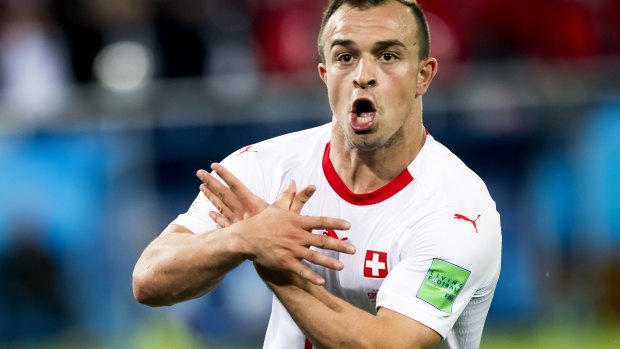 Controversy: Xherdan Shaqiri's post-goal celebration against Serbia. 