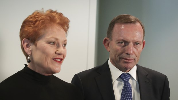 Former Prime Minister Tony Abbott launches Senator Pauline Hanson's book, 'In Her Own Words', at Parliament House in Canberra on  Tuesday 27 March 2018. 