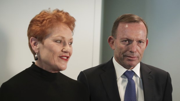 Former Prime Minister Tony Abbott launches Senator Pauline Hanson's book, 'In Her Own Words', at Parliament House in Canberra on  Tuesday 27 March 2018. 