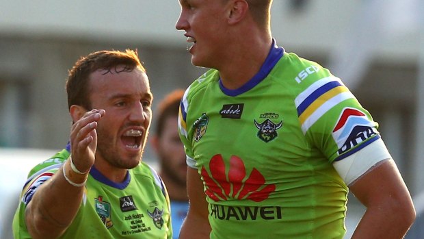 SYDNEY, AUSTRALIA - MARCH 08:  Jack Wighton of the Raiders celebrates his try during the round one NRL match between the Cronulla Sharks and the Canberra Raiders at Remondis Stadium on March 8, 2015 in Sydney, Australia.  (Photo by Renee McKay/Getty Images)