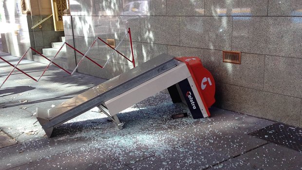 The phone box destroyed in a two car collision on Adelaide Street.
