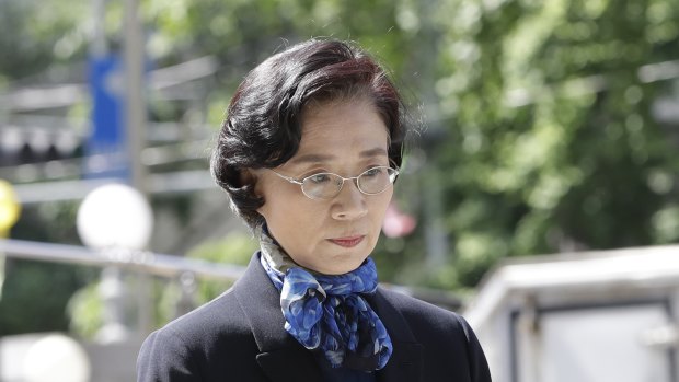 Lee Myung-hee, the wife of Korean Air Chairman Cho Yang-ho, arrives for questioning at Seoul Metropolitan Police Agency.