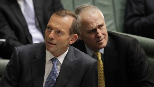 Opposition Leader Tony Abbott and Coalition communications minister Malcolm Turnbull. A new poll shows the Coalition would win the election in a landslide with Mr Turnbull as leader.