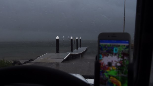 The intense storm rolls in: Looking north from Kurnell on Tuesday morning.