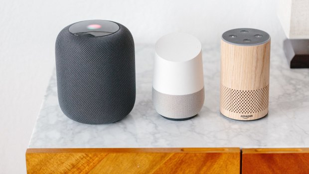 From left, the Apple HomePod, Google Home and Amazon's Alexa 