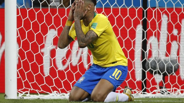 Brazil's Neymar reacts during the quarterfinal match between Brazil and Belgium.