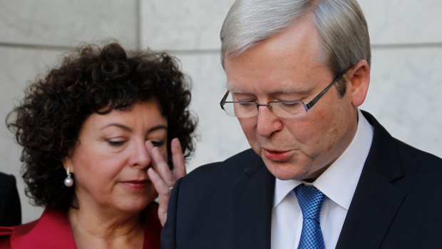 Therese Rein supports Kevin Rudd as he addresses the media on the day he was deposed as prime minister in 2010.