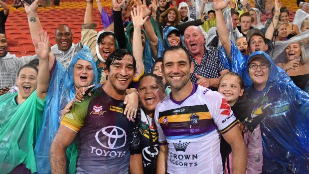 Record-makers: Johnathan Thurston and Cameron Smith after a testimonial match between the Storm and the Cowboys.