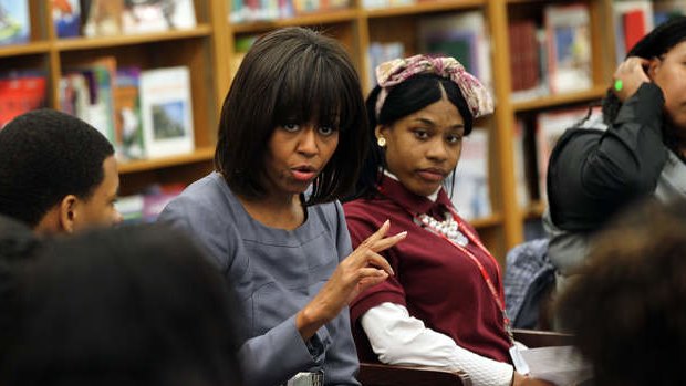 First lady Michelle Obama talks to students at Harper High School in Chicago.