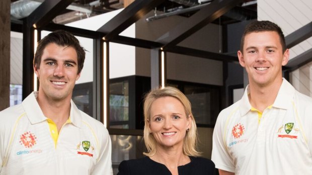 Domain's Melina Cruickshank (centre) with cricketers Pat Cummins (left) and Josh Hazelwood.