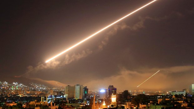 Damascus skies erupt with service to air missile fire as the US launches an attack on Syria targeting different parts of the Syrian capital.