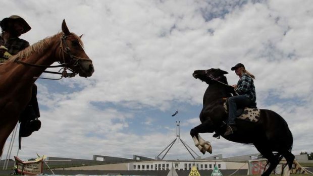 Woop Woop horse riders campaigning against CSG mining out the front of Parliament House on Tuesday. Photo: Alex Ellinghausen