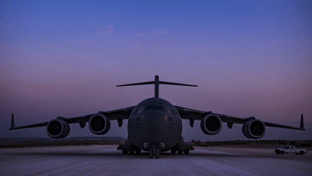 A C-17 Globemaster III, assigned to combat airlift operations for US and coalition forces in Iraq and Syria.
