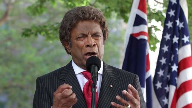 Kamahl recites the Gettysburg Address, at Parliament House in Canberra. Photo: Alex Ellinghausen