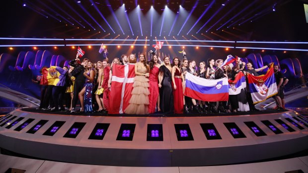 The semi-finalists, including Australia, advancing to the grand final of the Eurovision Song Contest.