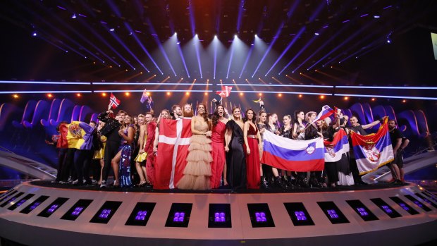 The semi-finalists, including Australia, advancing to the grand final of the Eurovision Song Contest.