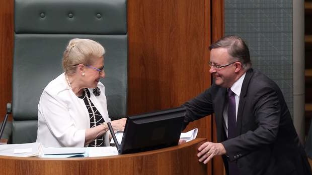 Speaker Bronwyn Bishop speaks with Labor MP Anthony Albanese after a division. Photo: Alex Ellinghausen