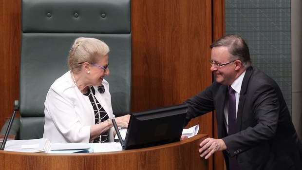 Speaker Bronwyn Bishop speaks with Labor MP Anthony Albanese after a division. Photo: Alex Ellinghausen