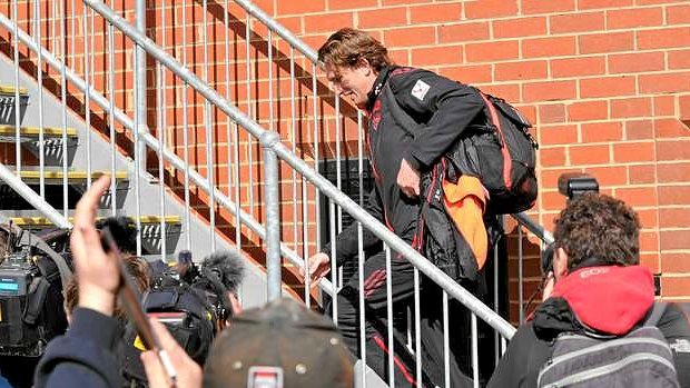 Essendon coach James Hird arrives at Windy Hill this afternoon.