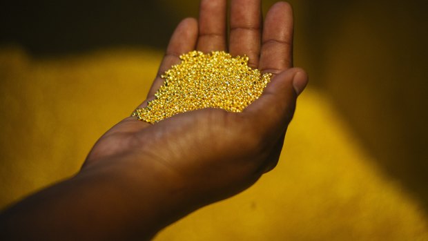 A worker holds a handful of gold bullion granules during manufacture  in South Africa.